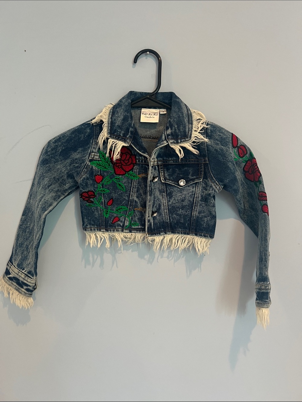Ooh! La, La! Couture Distressed Blue Denim Jean Jacket with Red Rose Embroidery
